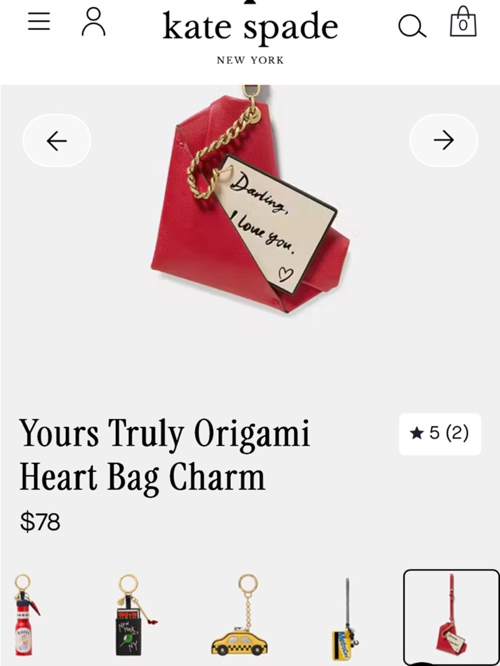 kate spade red origami heart bag charm with gold chain